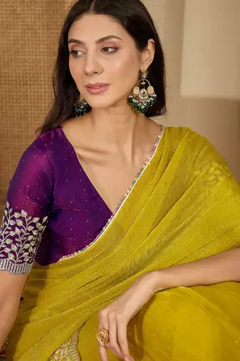 women's neon silk blend chiffon embroidered saree with unstitched blouse piece
