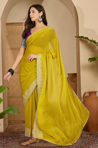 women's neon silk blend chiffon embroidered saree with unstitched blouse piece
