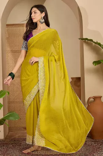 women's neon silk blend chiffon embroidered saree with unstitched blouse piece