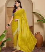 women's neon silk blend chiffon embroidered saree with unstitched blouse piece