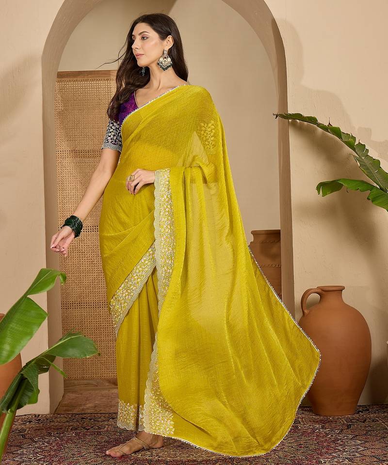 women's neon silk blend chiffon embroidered saree with unstitched blouse piece