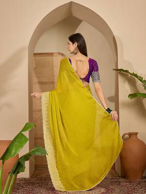 women's neon silk blend chiffon embroidered saree with unstitched blouse piece 3