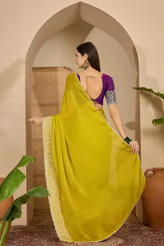 women's neon silk blend chiffon embroidered saree with unstitched blouse piece