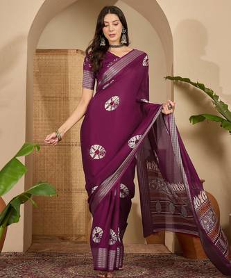 Women's wine silk blend chiffon embroidered saree with unstitched blouse piece 1