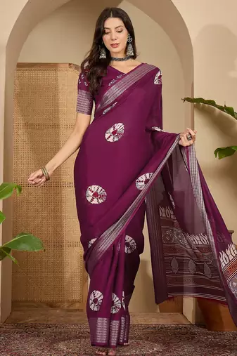 Women's wine silk chiffon embroidered saree with unstitched blouse piece