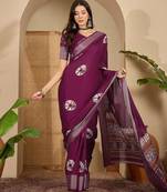 Women's wine silk chiffon embroidered saree with unstitched blouse piece