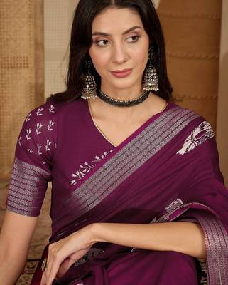 Women's wine silk blend chiffon embroidered saree with unstitched blouse piece 2