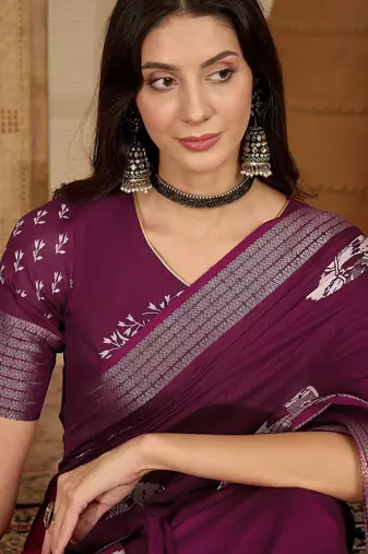 Women's wine silk blend chiffon embroidered saree with unstitched blouse piece