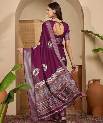 Women's wine silk blend chiffon embroidered saree with unstitched blouse piece 3