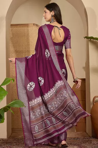Women's wine silk blend chiffon embroidered saree with unstitched blouse piece