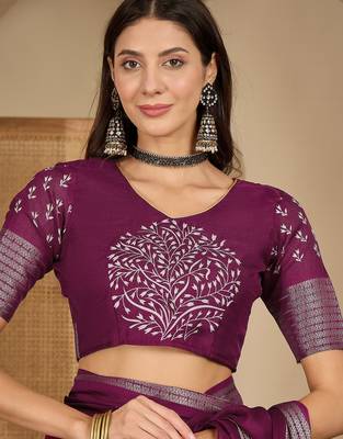 Women's wine silk blend chiffon embroidered saree with unstitched blouse piece 4