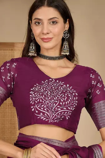 Women's wine silk blend chiffon embroidered saree with unstitched blouse piece