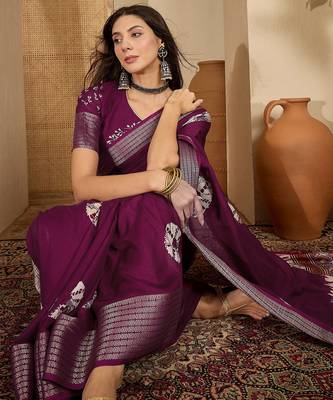 Women's wine silk blend chiffon embroidered saree with unstitched blouse piece 5