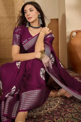 Women's wine silk blend chiffon embroidered saree with unstitched blouse piece