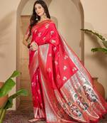 women's rani silk blend zari woven saree with unstitched blouse piece