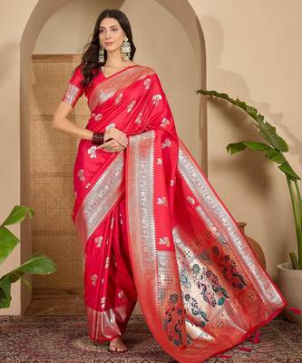 women's rani silk blend zari woven saree with unstitched blouse piece 2