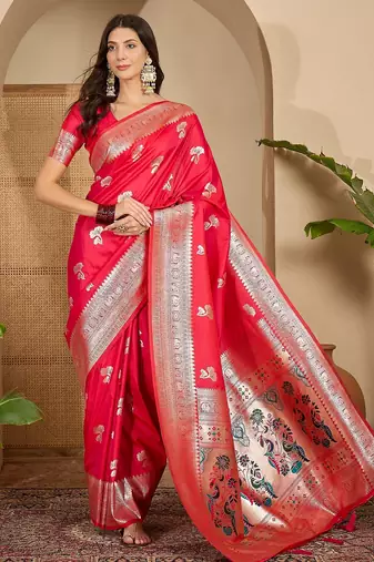 women's rani silk blend zari woven saree with unstitched blouse piece