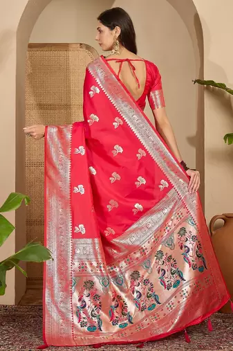women's rani silk blend zari woven saree with unstitched blouse piece