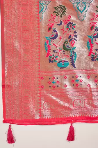 women's rani silk blend zari woven saree with unstitched blouse piece