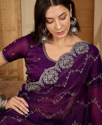 women's purple silk blend chiffon embroidered saree with unstitched blouse piece 2