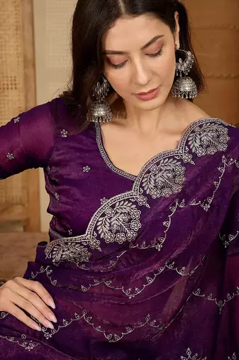 women's purple silk blend chiffon embroidered saree with unstitched blouse piece
