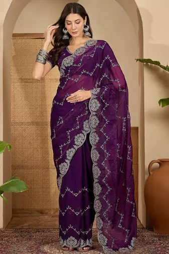 women's purple silk blend chiffon embroidered saree with unstitched blouse piece