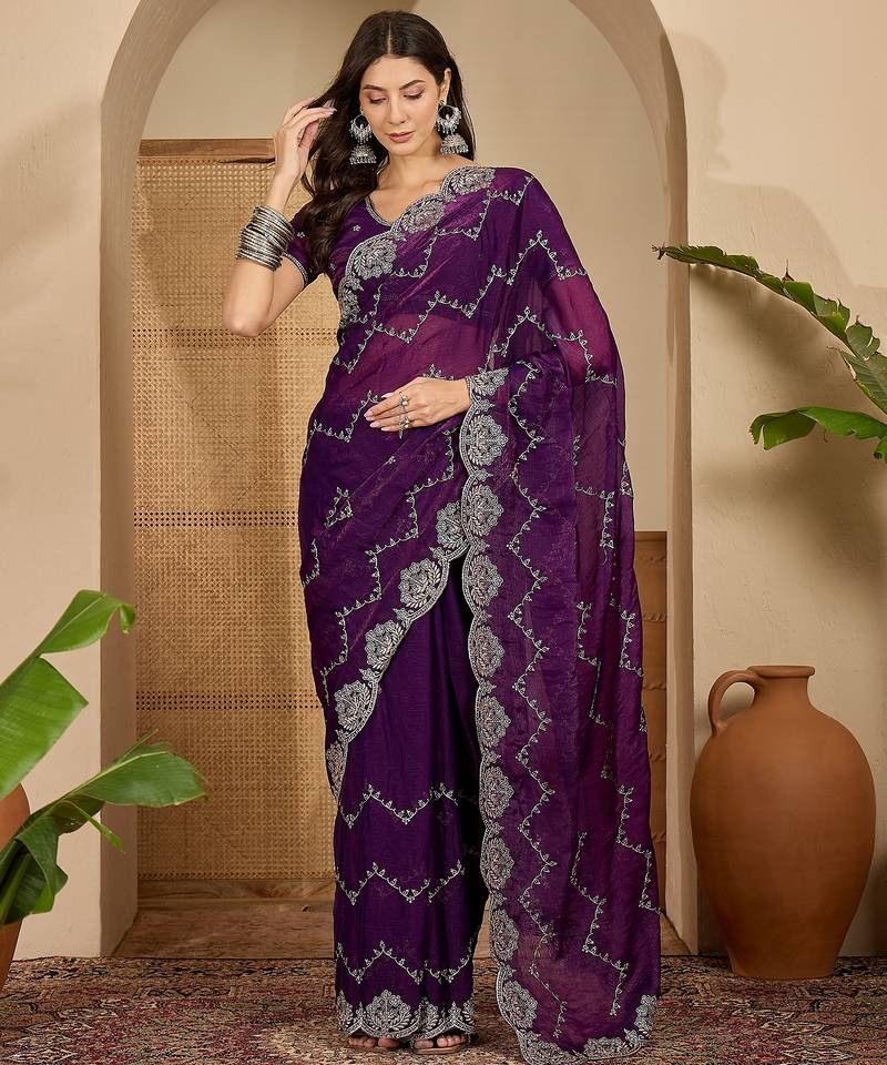 women's purple silk blend chiffon embroidered saree with unstitched blouse piece