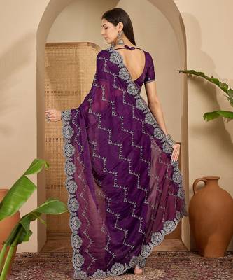 women's purple silk blend chiffon embroidered saree with unstitched blouse piece 3