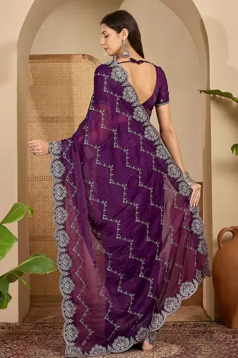 women's purple silk blend chiffon embroidered saree with unstitched blouse piece