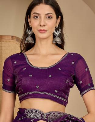 women's purple silk blend chiffon embroidered saree with unstitched blouse piece 4