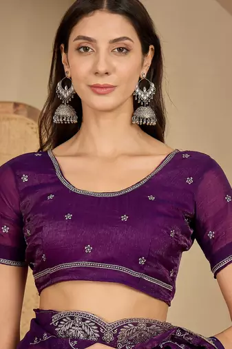 women's purple silk blend chiffon embroidered saree with unstitched blouse piece