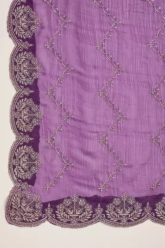 women's purple silk blend chiffon embroidered saree with unstitched blouse piece