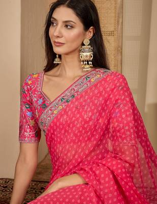 Women's gajari georgette bandhni saree with unstitched blouse piece 2