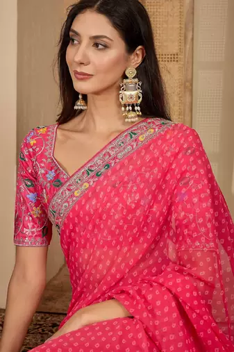 Women's gajari georgette bandhni saree with unstitched blouse piece