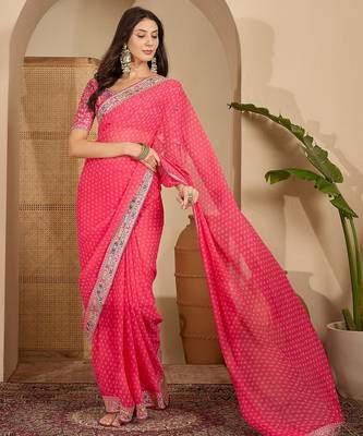 Women's gajari georgette bandhni saree with unstitched blouse piece 1