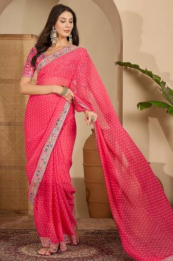 Women's gajari georgette bandhni saree with unstitched blouse piece