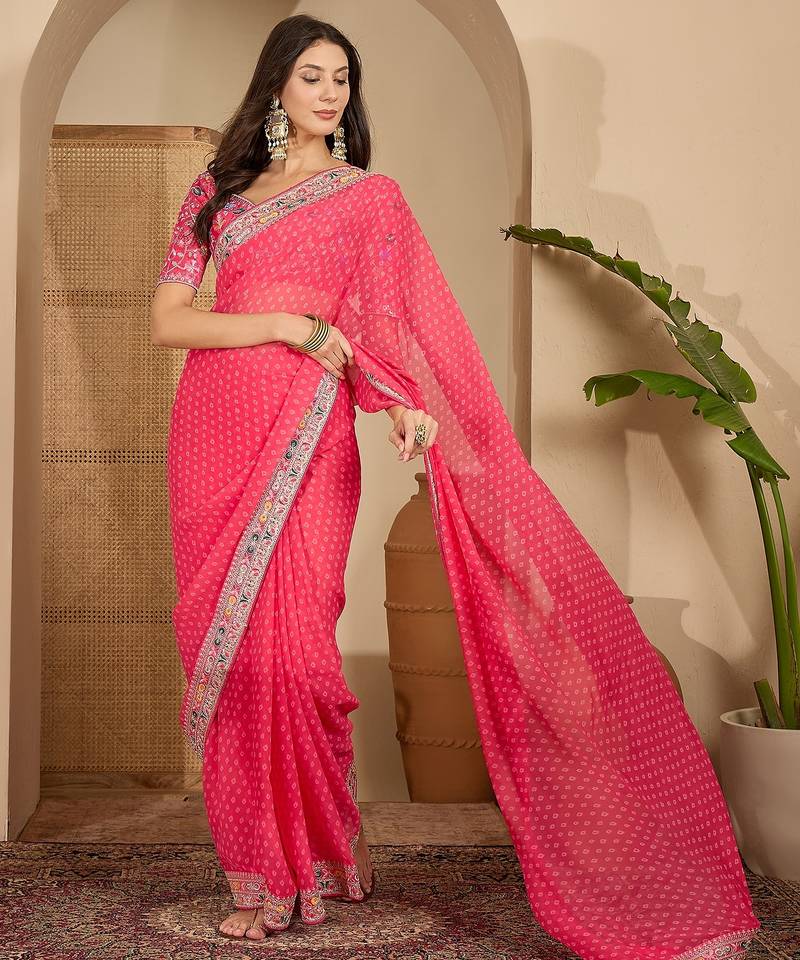Women's gajari georgette bandhni saree with unstitched blouse piece