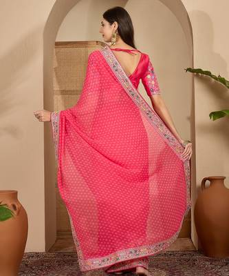 Women's gajari georgette bandhni saree with unstitched blouse piece 3