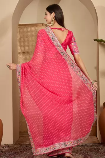 Women's gajari georgette bandhni saree with unstitched blouse piece