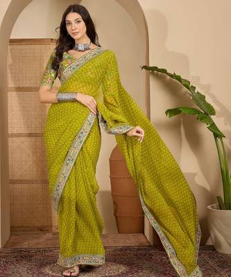 Women's green georgette bandhni saree with unstitched blouse piece 1