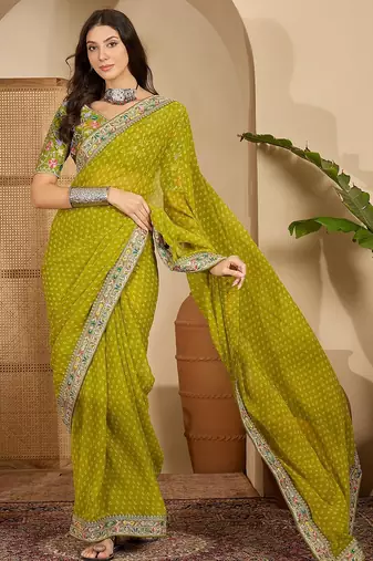 Women's green georgette bandhni saree with unstitched blouse piece
