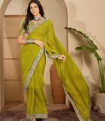 Women's green georgette bandhni saree with unstitched blouse piece