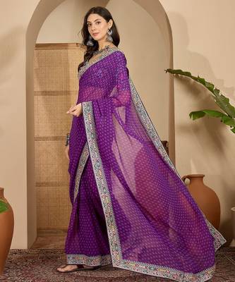 Women's purple georgette bandhni saree with unstitched blouse piece 1