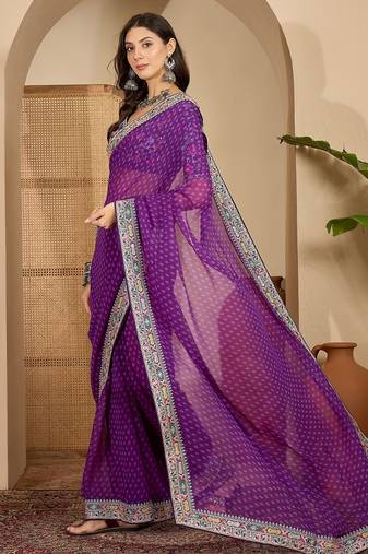 Women's purple georgette bandhni saree with unstitched blouse piece