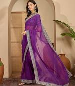 Women's purple georgette bandhni saree with unstitched blouse piece