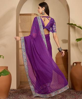 Women's purple georgette bandhni saree with unstitched blouse piece 3
