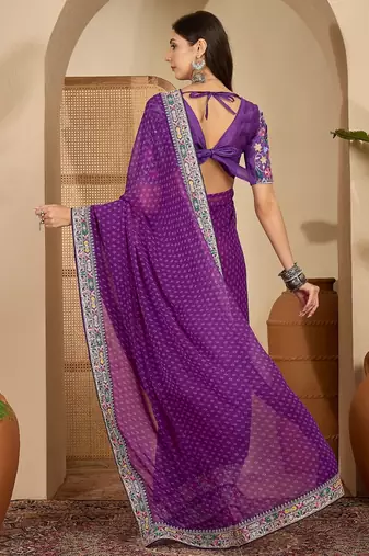 Women's purple georgette bandhni saree with unstitched blouse piece