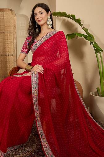 Women's red georgette bandhni saree with unstitched blouse piece