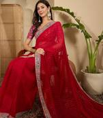 Women's red georgette bandhni saree with unstitched blouse piece