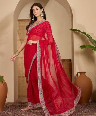 Women's red georgette bandhni saree with unstitched blouse piece 2